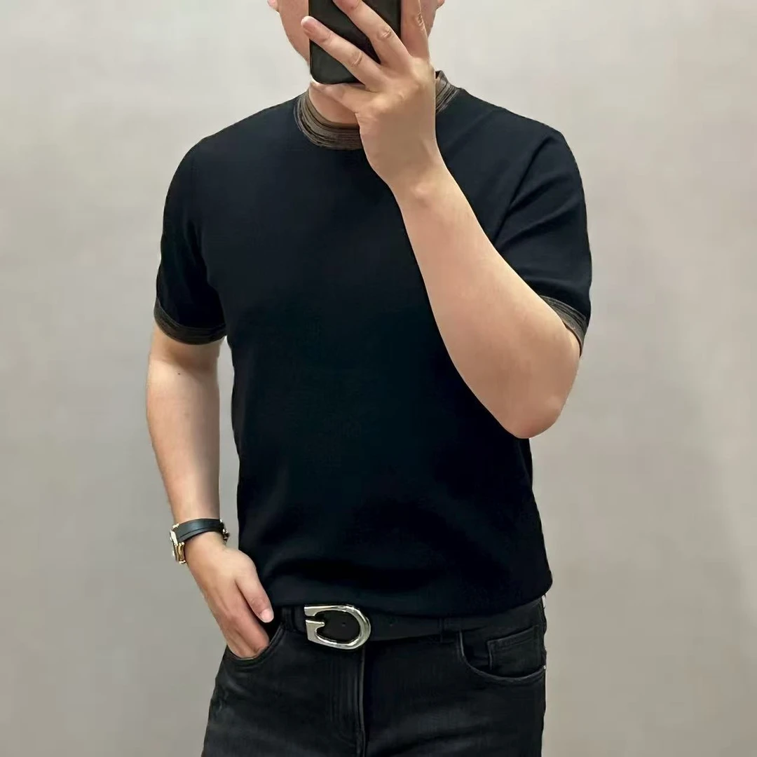 新款高端潮流男士纯色休闲针织短袖T恤