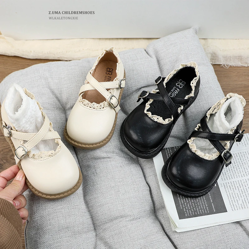 女童交叉蕾丝花边公主鞋韩版软底单鞋2025春秋新款百搭软底小皮鞋
