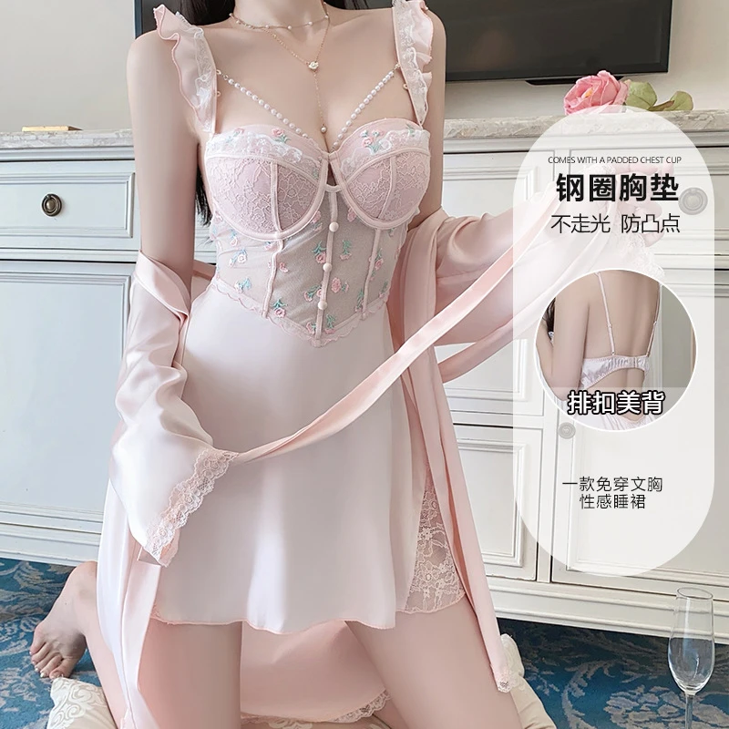 露背珍珠链装饰蕾丝加吊带显瘦夏季睡裙家居服性感薄款小胸后妈裙