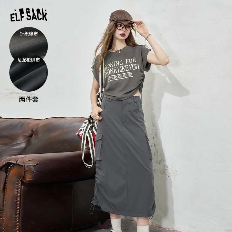 【新】妖精的口袋夏日呼告字母t恤工装风半身裙两件套装