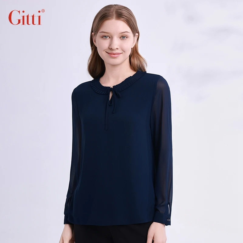 Gitti/吉蒂系带圆领T恤女休闲宽松大码雪纺衫G245110