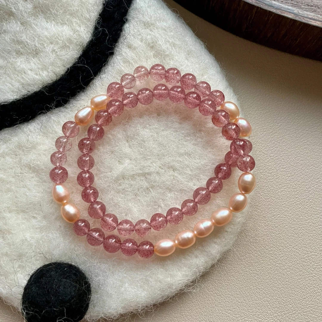 天然白水体草莓晶双圈手链配天然淡水珍珠多样性发其一