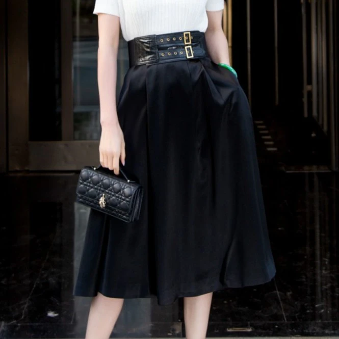 HY黑色宽腰醋酸大摆裙优雅大气时尚经典款【高端服装定制专家】