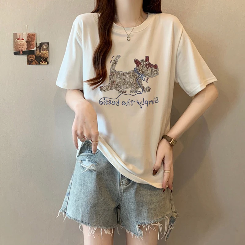 设计感卡通印花正肩短袖T恤女2025夏季大码胖mm遮肚小衫上衣