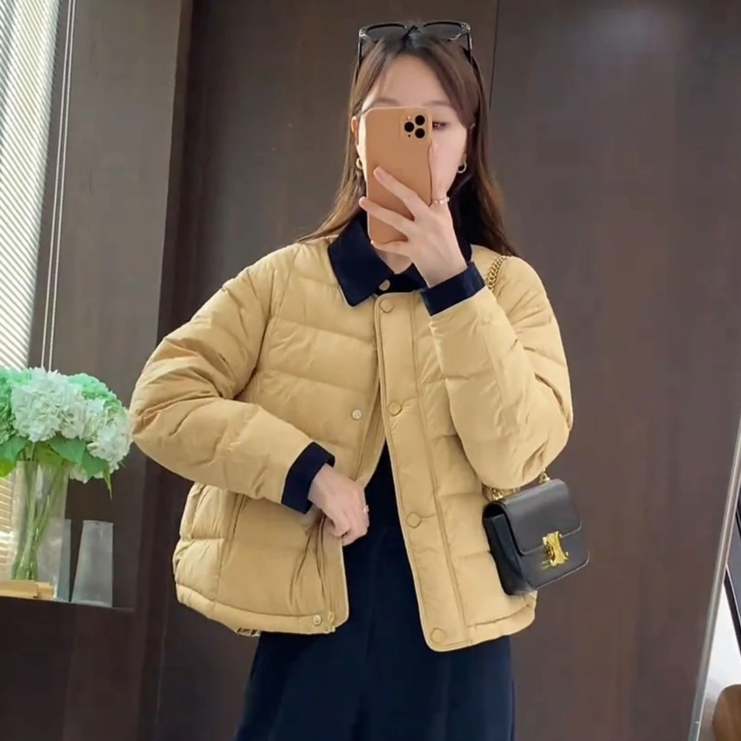 新款加棉韩版翻领撞色拼接外套2025秋冬时尚百搭宽松遮肉简约棉衣