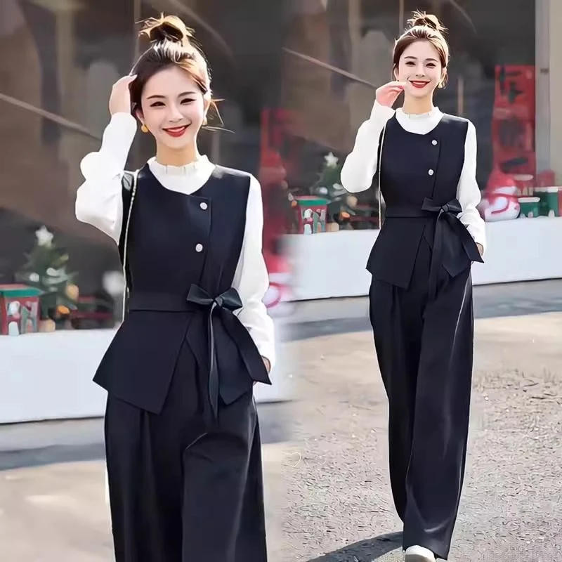 拉夏贝尔时尚洋气套装女2025春秋新款马甲打底衫阔腿裤气质三件套