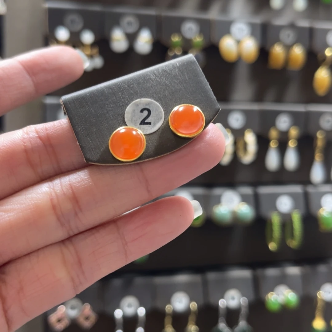 ****林南红玛瑙银S925镀金镶嵌耳饰