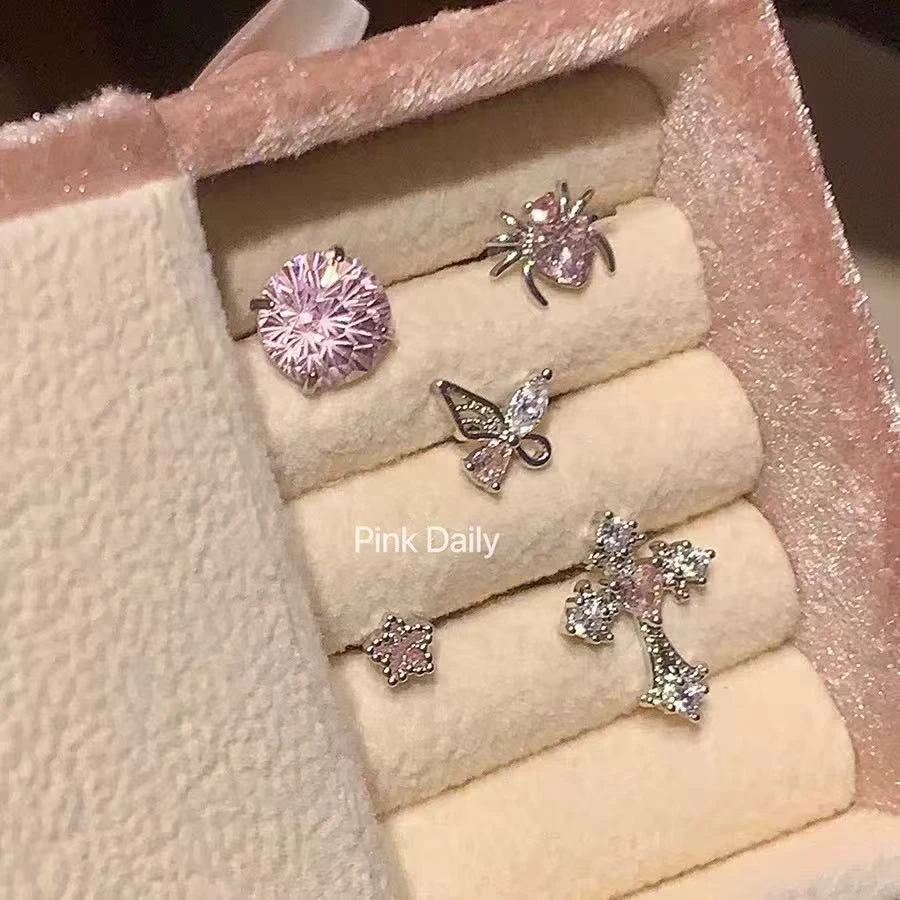 铜合金锆石耳饰 爆粉色锆石高级感耳钉五件套小众设计感耳骨钉耳