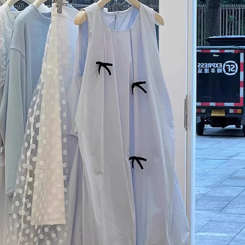 夏季学院风蝴蝶结无袖初恋系仙女连衣裙高级感甜美学生蓬蓬花苞裙