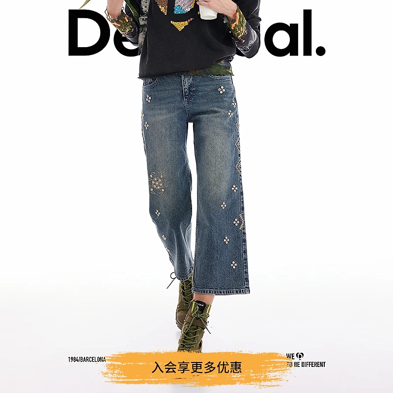 Desigual25秋冬新品银丝刺绣花卉设计直筒女士牛仔裤