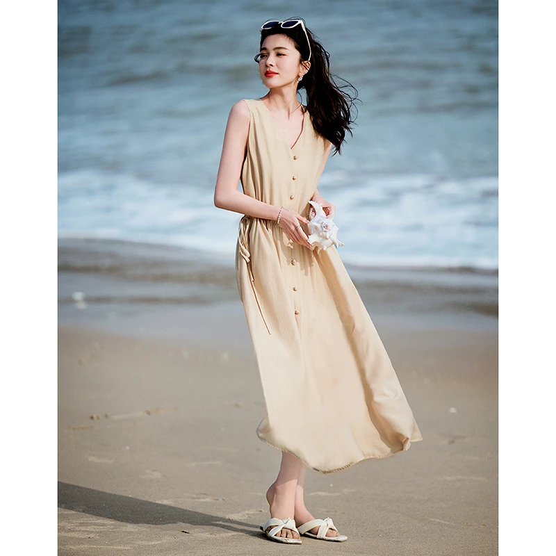 dme德·玛纳一起森呼吸夏季轻盈曲丝醋涤皱V领连衣裙50130