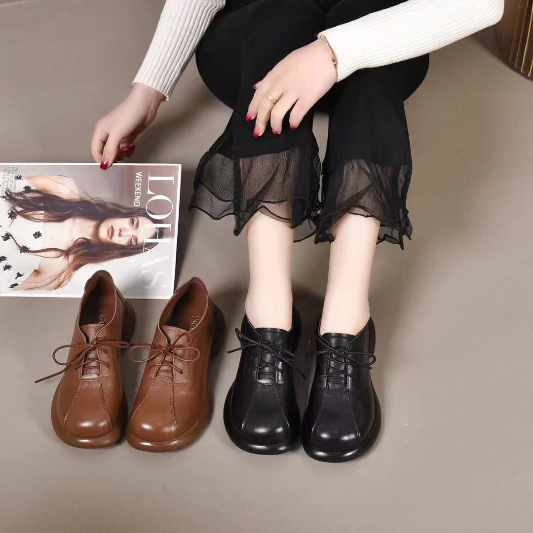 深口系带乐福鞋女春秋季新款单鞋舒适百搭圆头女鞋2335