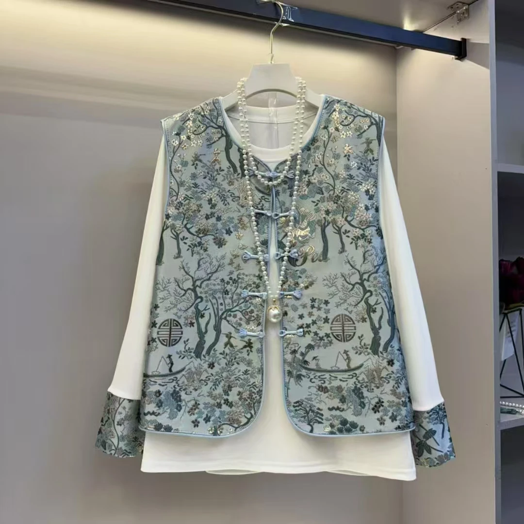 大码女装春季新款时尚套装女韩版复古风重工刺绣马甲打底衫两件套