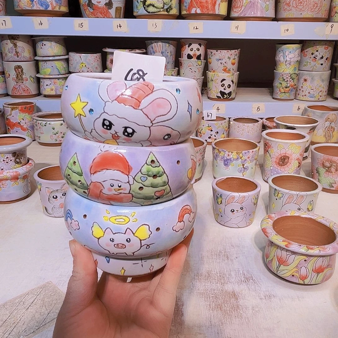 罐多肉植物手绘花盆景德镇8