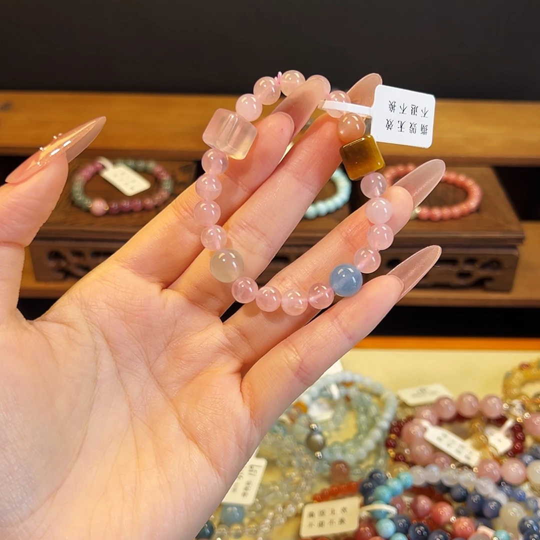 水晶手链银S925镶嵌粉水晶1012