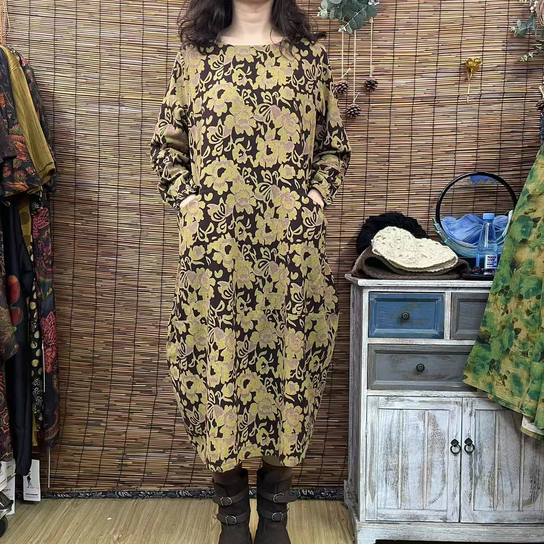 8157春季新款复古圆领优雅时尚遮肉显瘦长袖连衣裙