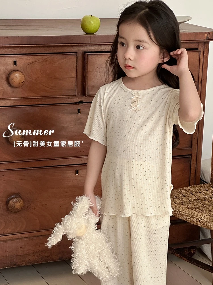 女孩睡衣夏季莫代尔无痕甜美可爱儿童家居服套装2025公主风空调服