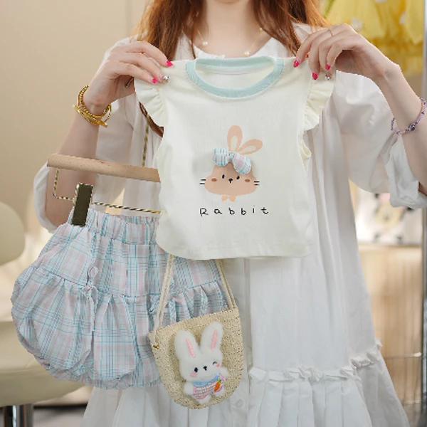女孩夏季短袖套装卡通立体印花时尚女宝泡泡袖小兔子套装两件套
