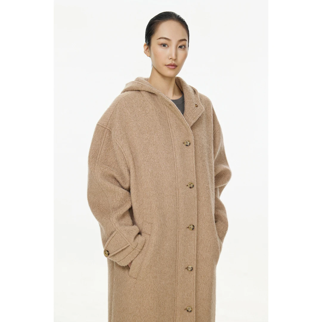 【CRANE】秋冬气质高级感圈圈毛羊驼绒羊毛连帽款中长款大衣外套