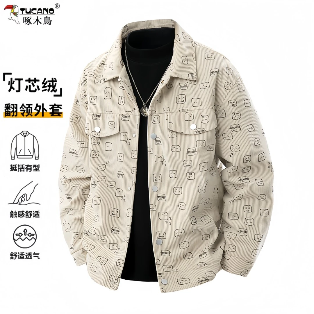 TUCANO/啄木鳥春秋新款灯芯绒外套男士翻领印花宽松大码休闲夹克