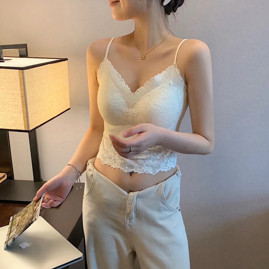 时尚蕾丝小吊带新款无痕抹胸固定杯外穿吊带背心女2025百搭