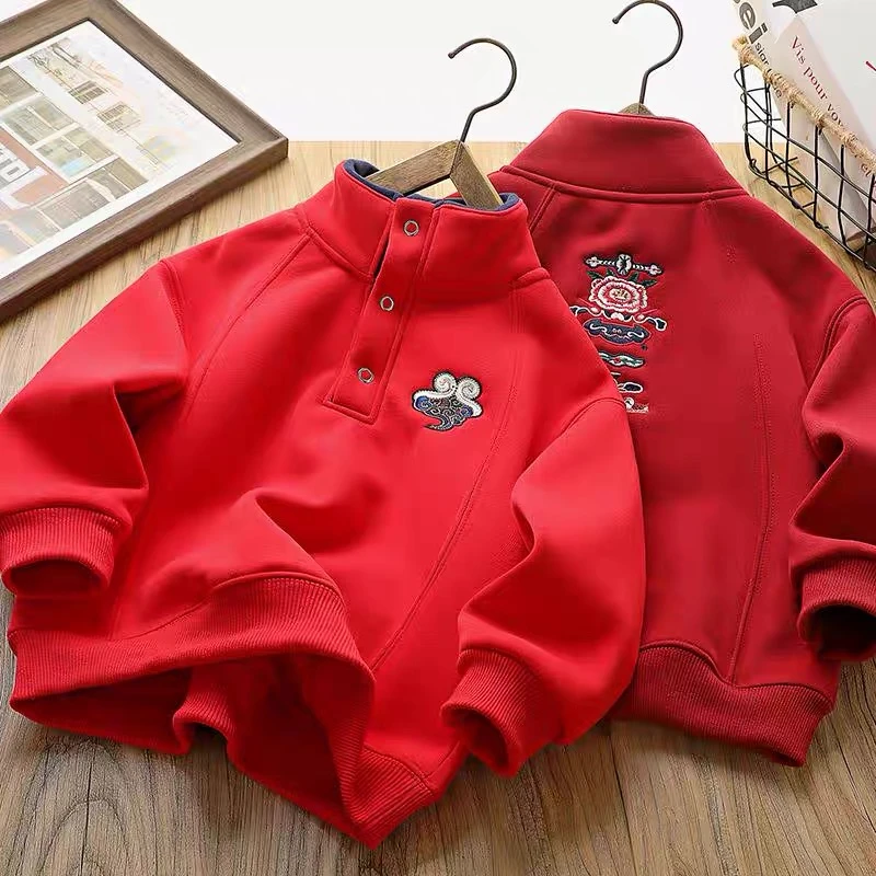 【平安喜乐】男童加绒卫衣冬装2025蛇年新年款儿童洋气拜年服中大童