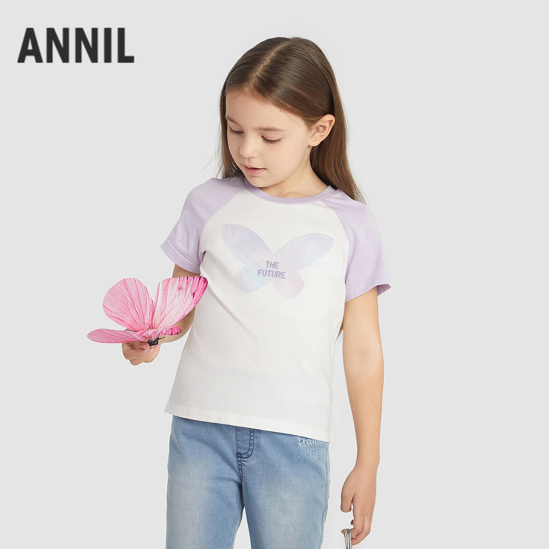 【甜美短袖】女童圆领印花短袖针织衫夏季新款安奈儿童装EG521163