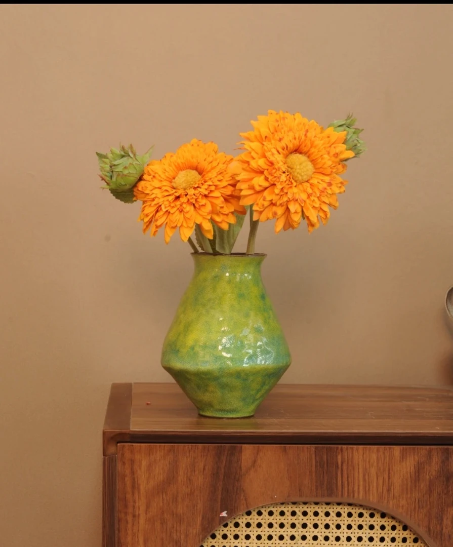 景德镇手工青绿复古钱袋子艺术感花瓶（高19.5cm陶瓷口径9cm）