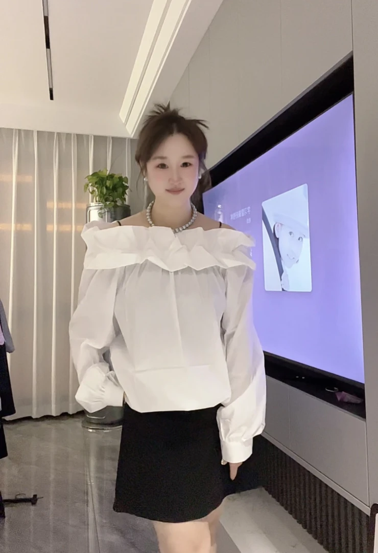 「小吴家」法式温柔风一字肩花苞长袖衬衫女春夏宽松显瘦百搭衬衫