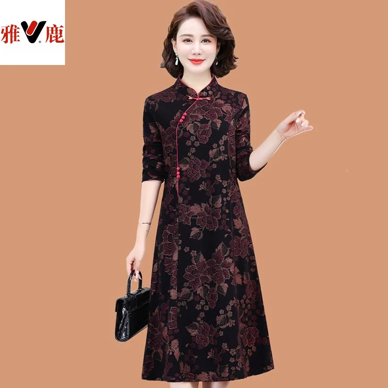 雅鹿优选新中式妈妈秋冬装连衣裙气质2025新款中老年加绒加厚打底