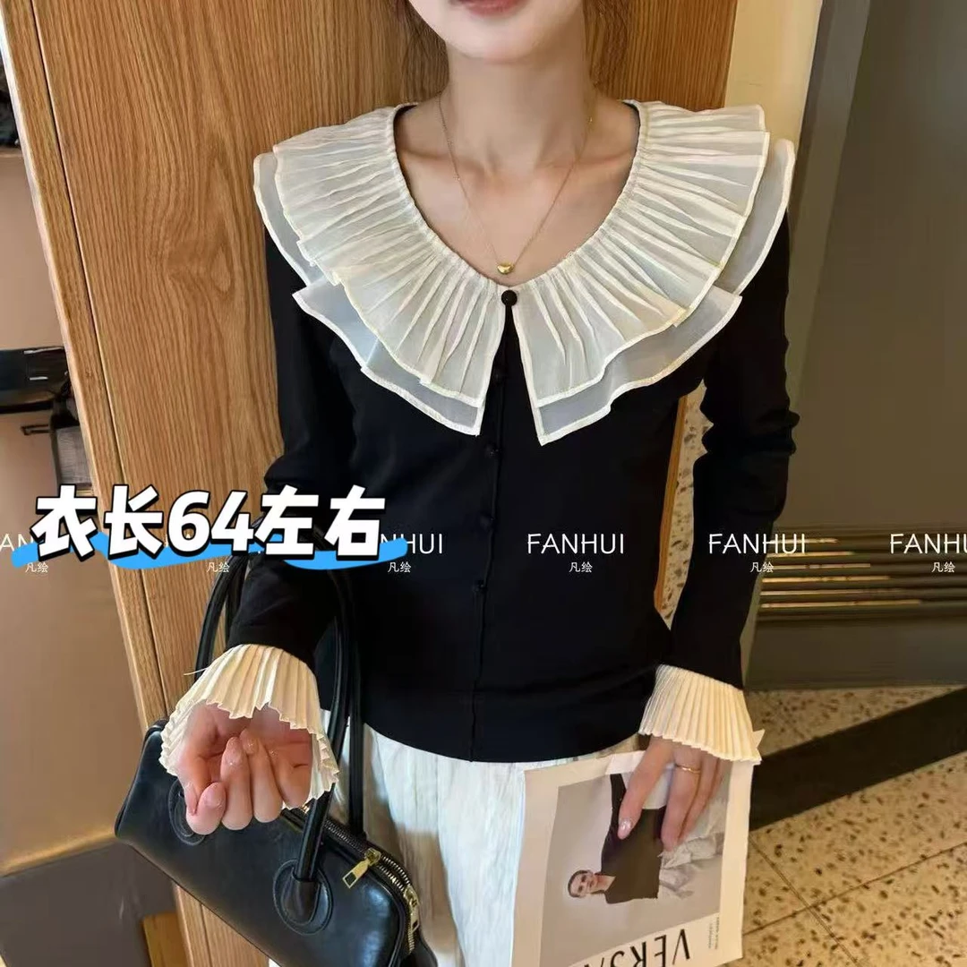 凤儿家-843 双层花边娃娃领拼接花边袖上衣