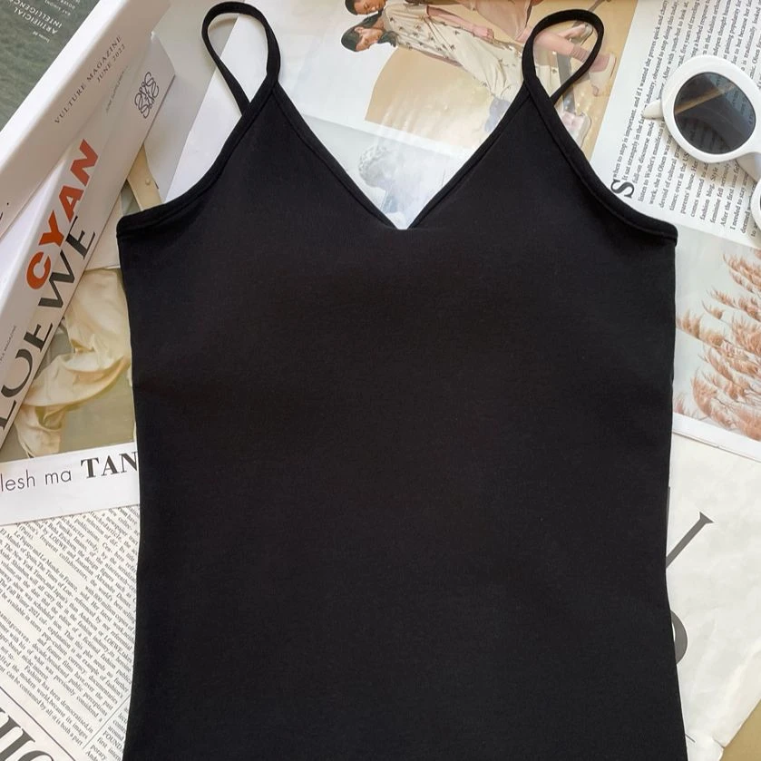 【清】V领吊带纯色内搭时尚带胸垫修身内衣251584#