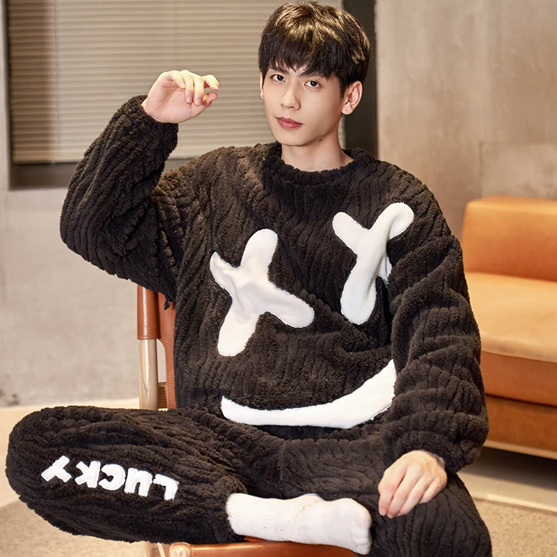 珊瑚绒男士睡衣秋冬季加厚加绒保暖法兰绒冬天卡通大码家居服套装
