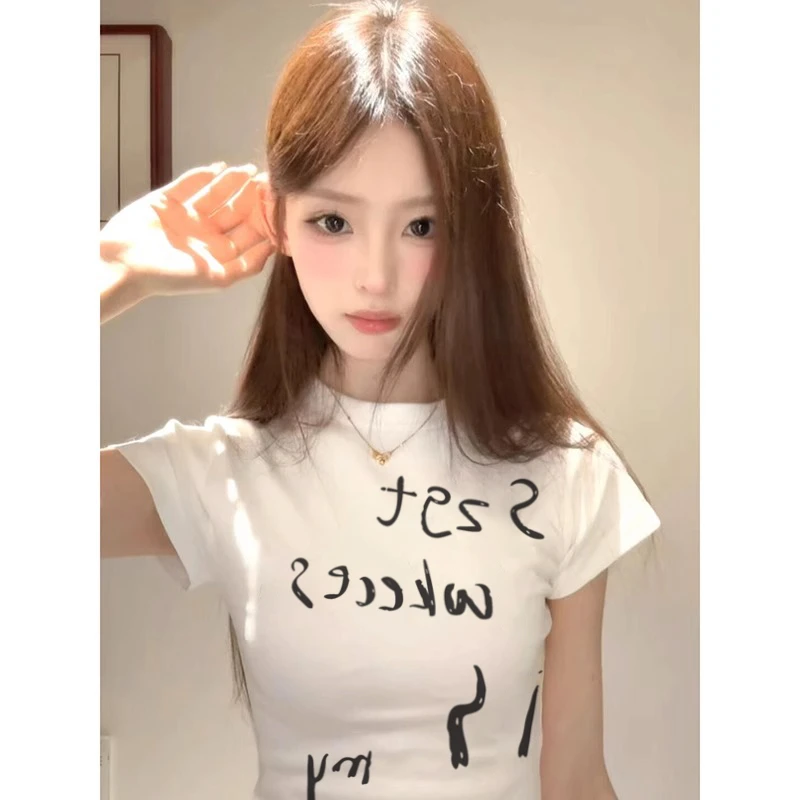 正肩短款修身新款短袖t恤女夏季韩版设计感小众圆领百搭气质上衣