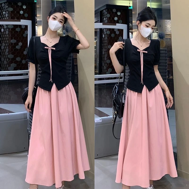 大码假两件连衣裙女夏季收腰显瘦A字长裙胖MM小众设计感短袖裙子