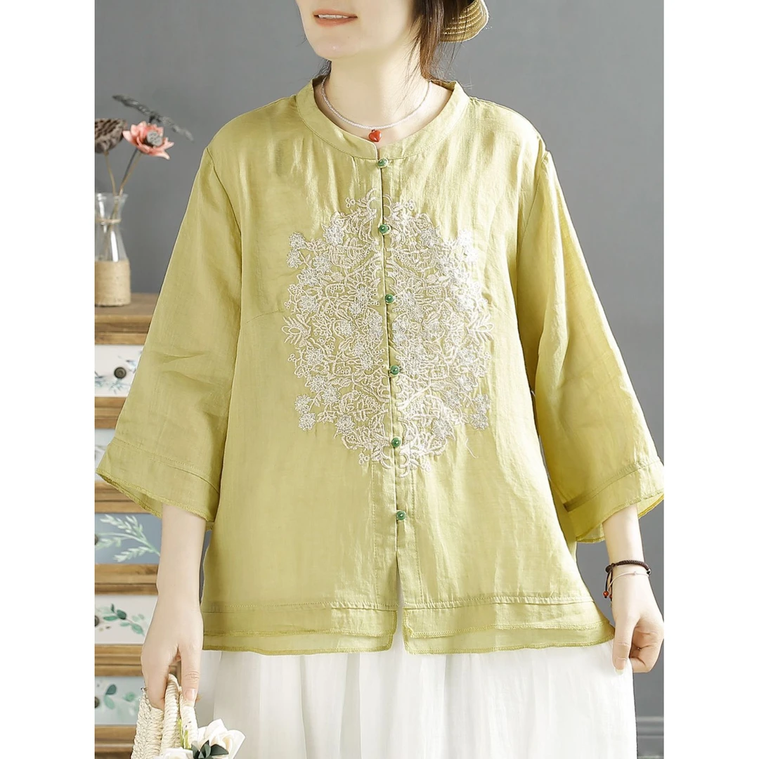 【现货+运费险】棉麻衬衣衬衫宽松立领刺绣七分袖文艺复古上衣Y331
