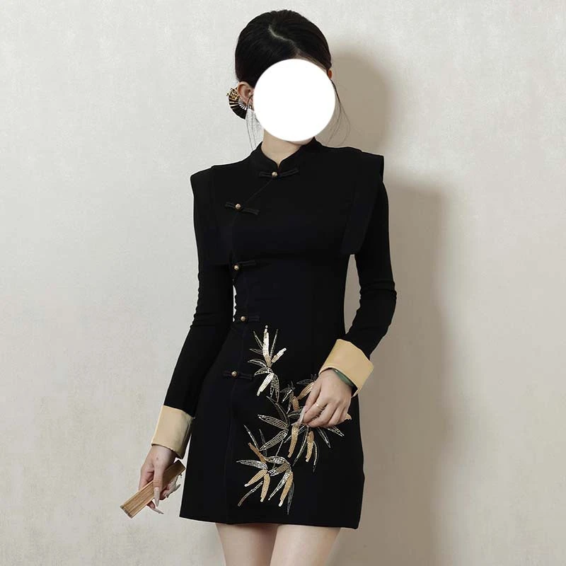 黑色新中式国风改良旗袍连衣裙女秋季短裙亮片设计感高端礼服裙子