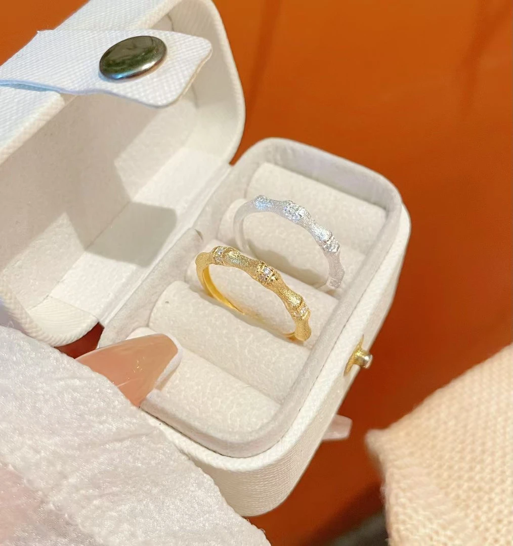 足银合成锆石戒指 足银990纯银戒指镶钻闭口竹节拉丝哑光小众时尚