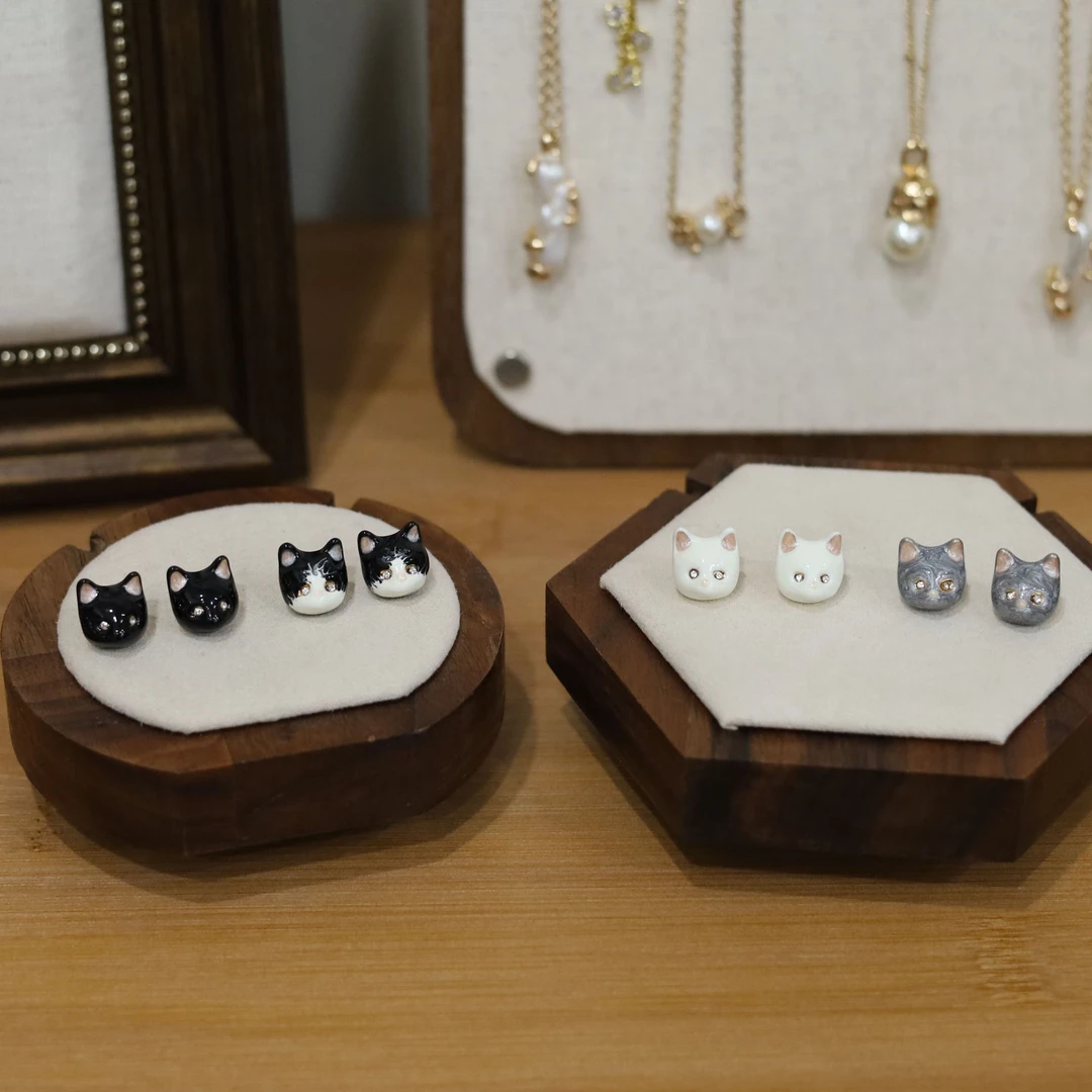 铜合金珐琅耳饰 法式简约风耳钉镶嵌可爱气质素款猫咪精致手工