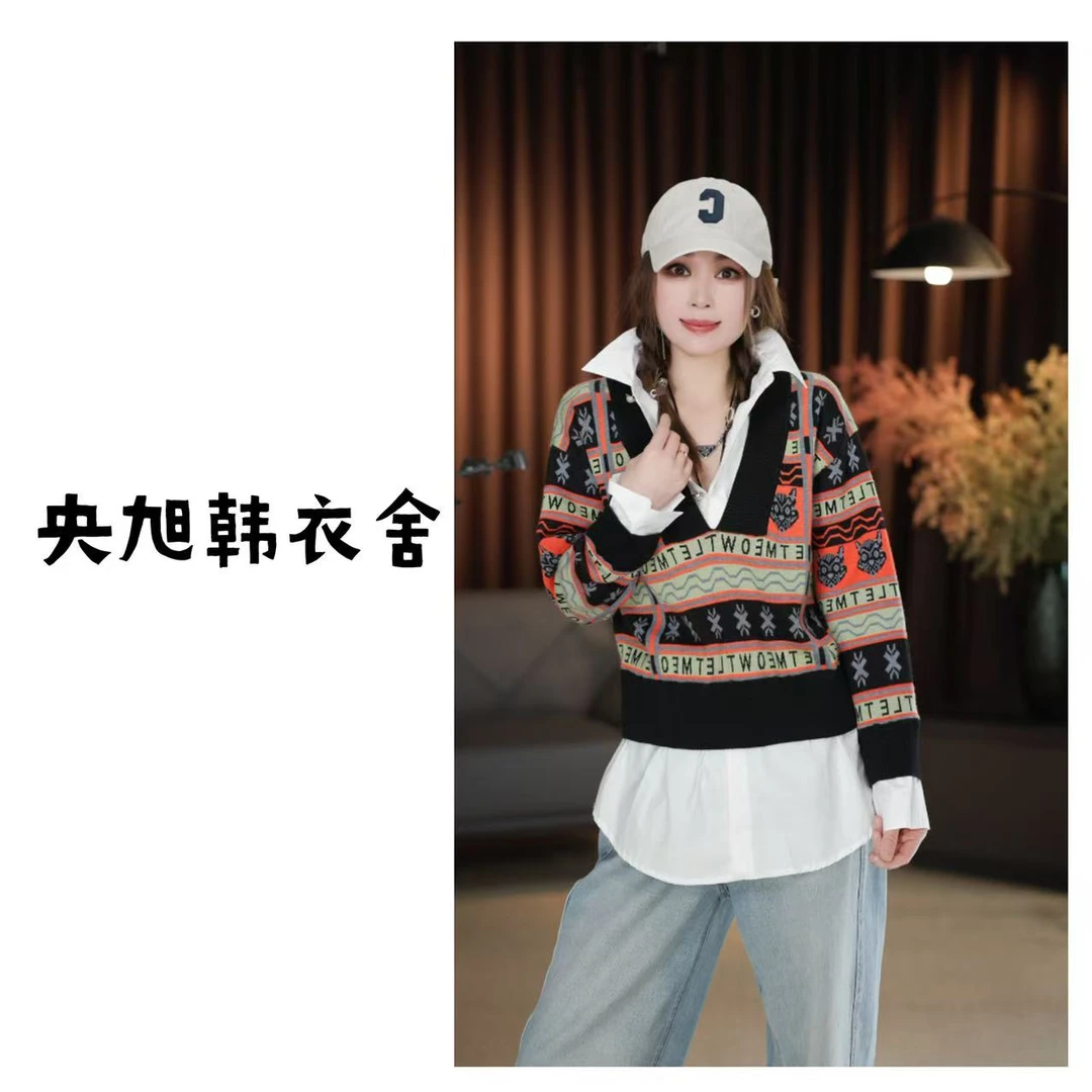 央旭韩衣舍铛铛专属    假两件设计拼接毛衣