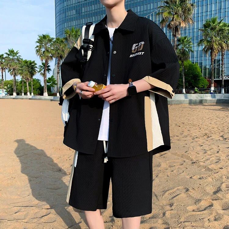 衬衫外套夏季男士套装学生冰丝潮流韩版休闲宽松拼色帅气短袖短裤