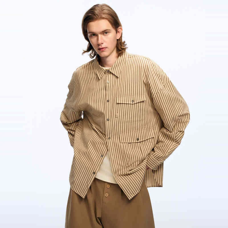 流石男装时尚经典百搭条纹衬衫2025年春季新款个性阔版衬衣外套男