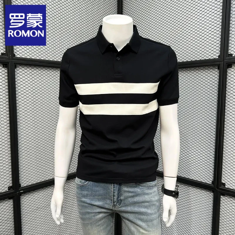 Romon/罗蒙夏季新款翻领短袖体恤polo衫男撞色拼接净色衣美式休闲