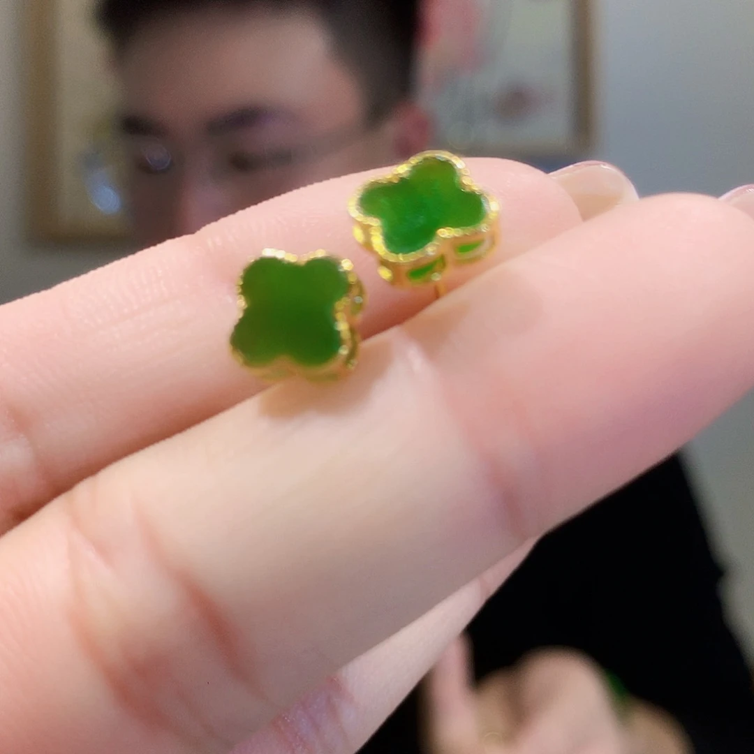 和田玉（碧玉）耳饰银S925镀金镶嵌