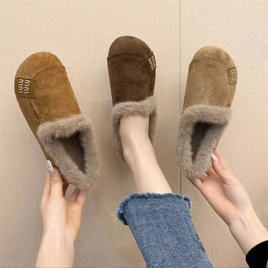 一件代发一脚蹬棉女平底加绒保暖复古豆豆秋冬季新款外穿防滑休闲