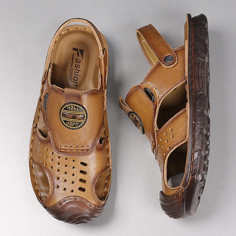防滑包头凉鞋男士牛皮沙滩鞋真皮休闲户外软底透气镂空洞洞鞋夏季