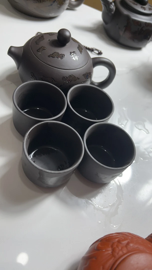 当代 龙凤西施紫砂壶220cc一壶四杯（变色扳指对杯）带壶绳