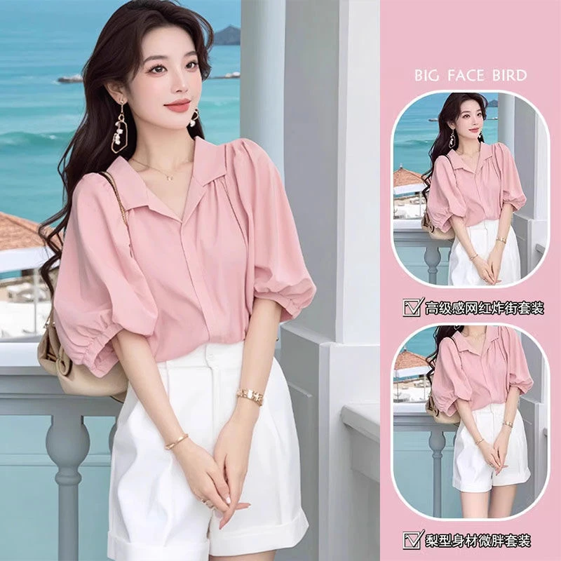 2025年微胖一整套穿搭时尚超好看小香风清纯甜美粉色衬衫短裤套装