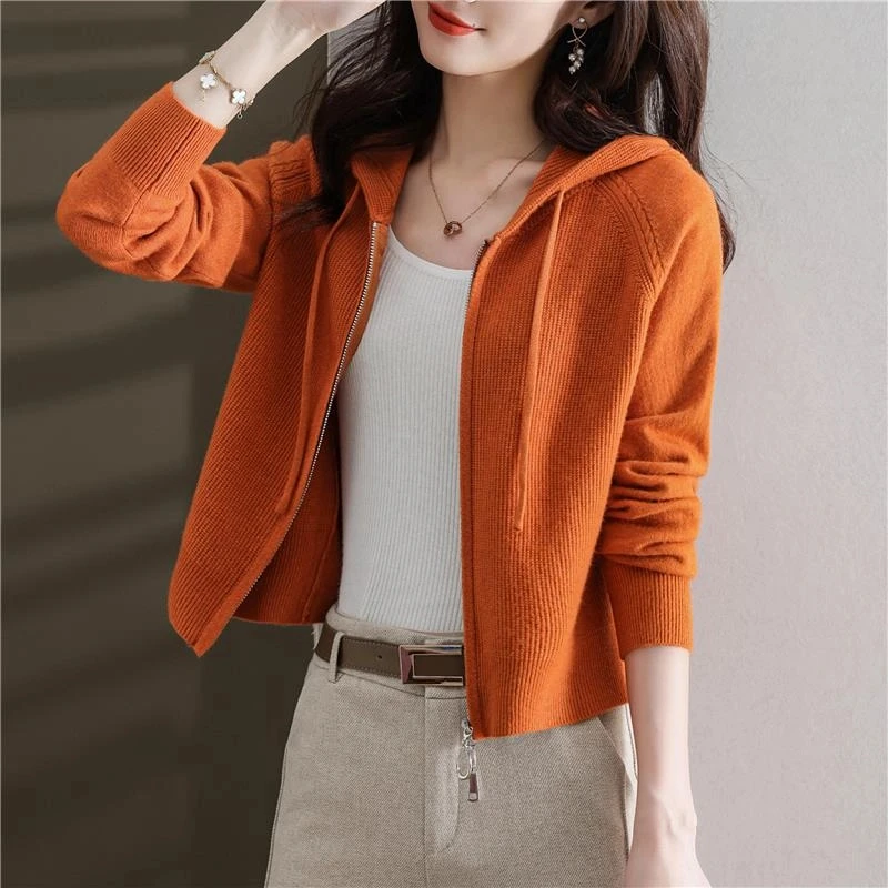 鄂尔多斯市产连帽高腰卫衣短外套双拉链开衫女外搭毛衫女春秋上衣