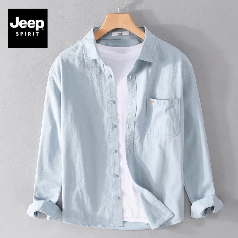 JEEPSPIRIT吉普秋季浅蓝色纯棉衬衫男宽松翻领长袖休闲牛仔衬衣男